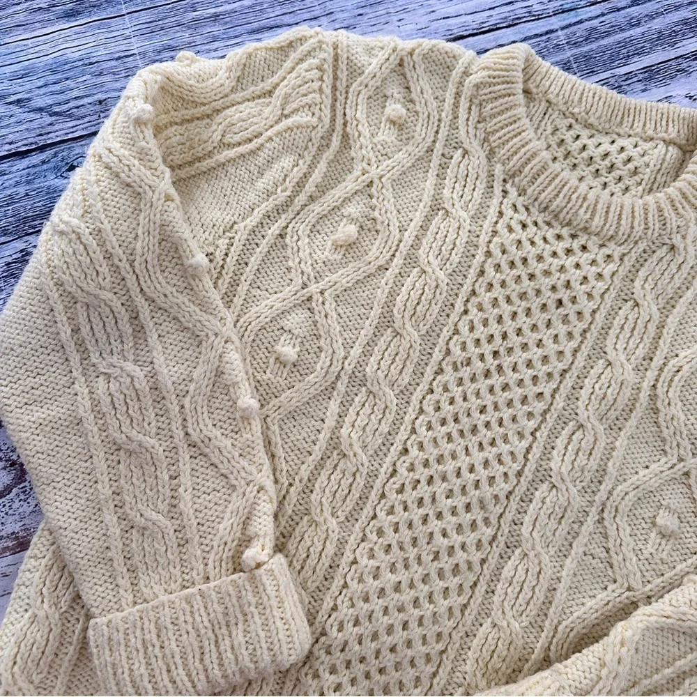 Hand Knit Cream Fisherman Cable Knit Wool Sweater